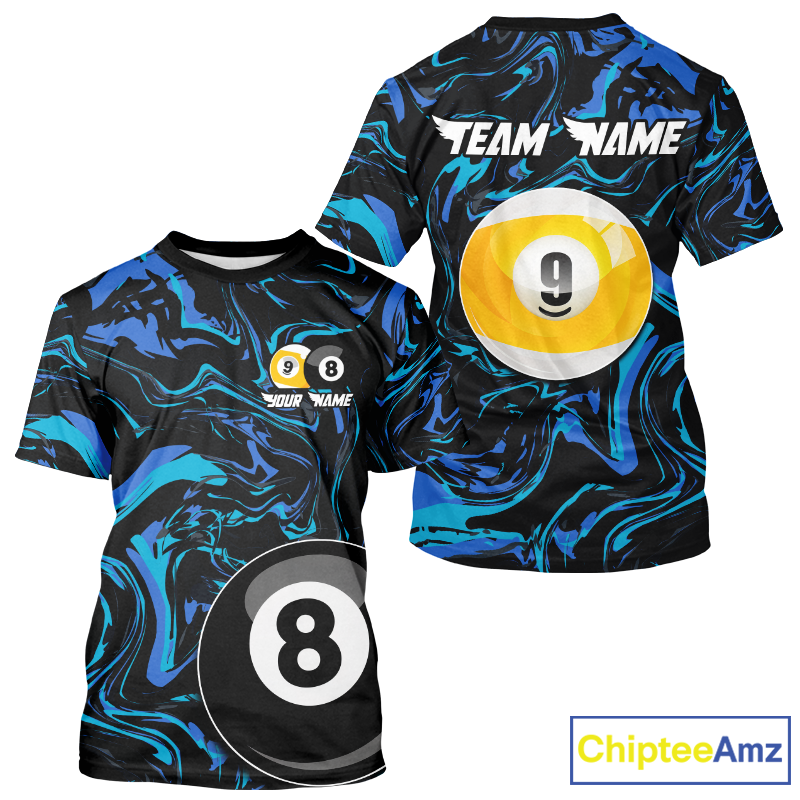 Two t-shirts with pool ball designs and 'Team Name' text on a white background.