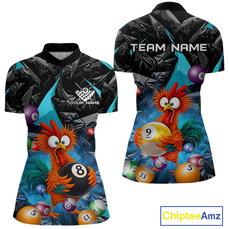 Custom Turquoise Funny Chicken 8 Ball & 9 Ball Billiard Shirt for Women Billiard Team Jerseys NNT190