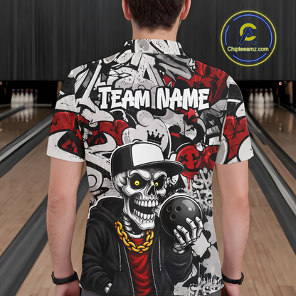 Person wearing a colorful shirt with a skull design and 'TEAM NAME' text in a bowling alley.