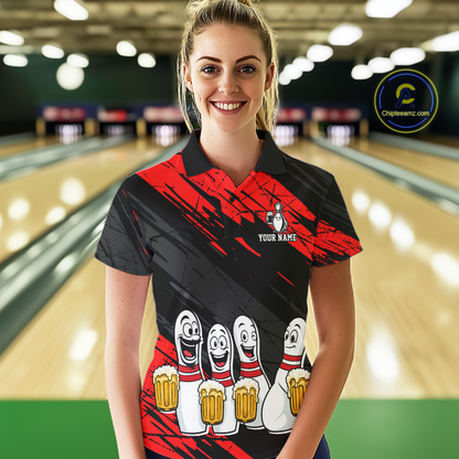 Custom Red Funny Bowling Tournament Jersey for Women Bowling Team Shirts Polo & 1/4 Zip HNT178