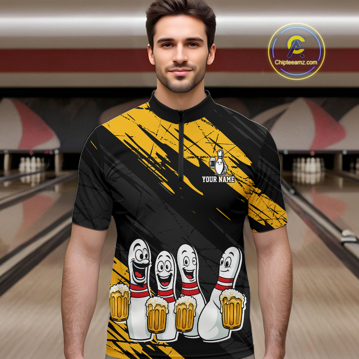 Custom Yellow Funny Bowling Tournament Jersey for Men Bowling Team Shirts Polo & 1/4 Zip HNT178
