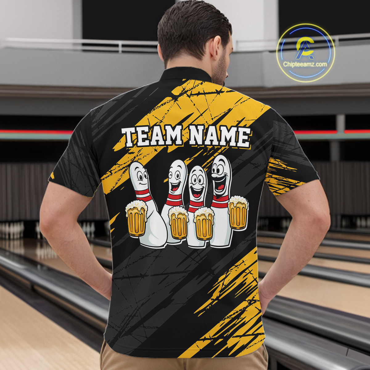 Custom Yellow Funny Bowling Tournament Jersey for Men Bowling Team Shirts Polo & 1/4 Zip HNT178
