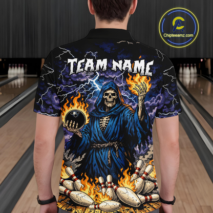 Custom Flame Grim Reaper Bowling Jersey for Men Polo & 1/4 Zip Bowling Team Shirts HNT222