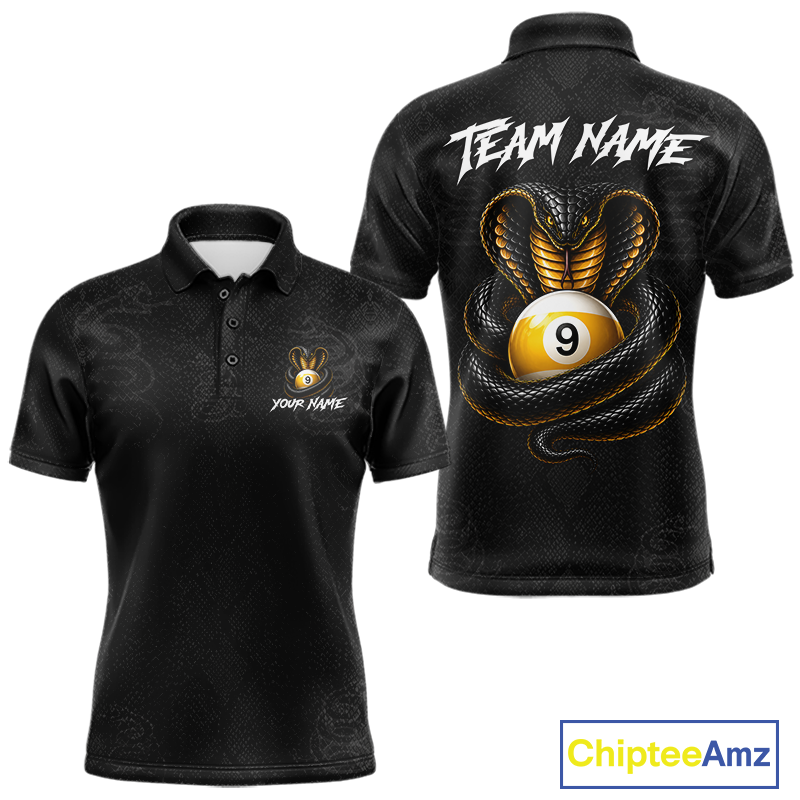 Black polo shirt with snake and 8-ball design on front, 'Team Name' text on back, ChipteeAmz branding.