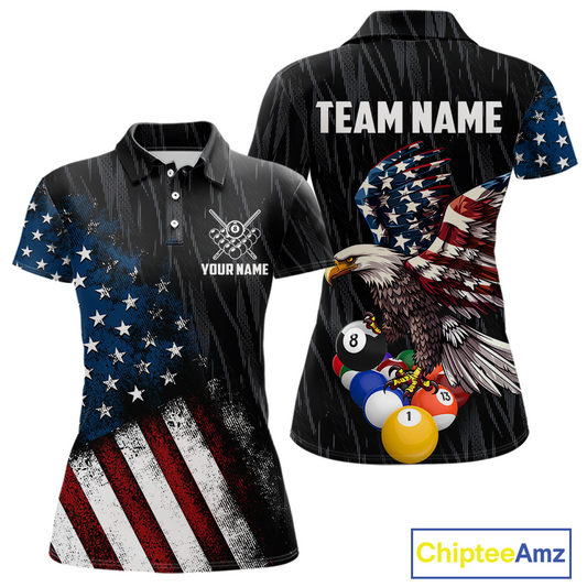 Front and back view personalized billiards polo shirt with an eagle positioned above pool balls while flag artwork flows across the black layout.