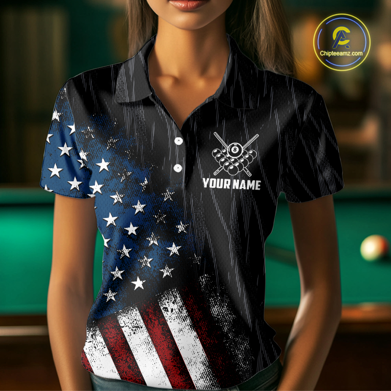 Women wearing personalized billiards polo shirt with an eagle positioned above pool balls while flag artwork flows across the black layout.