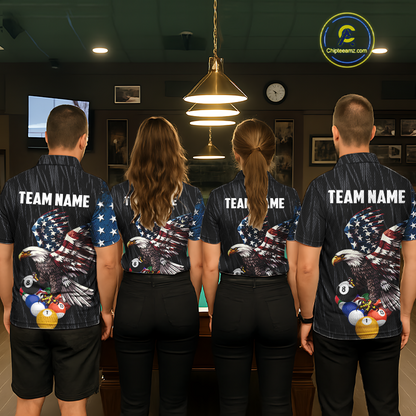 Four people wearing personalized billiards polo shirt with an eagle positioned above pool balls while flag artwork flows across the black layout.