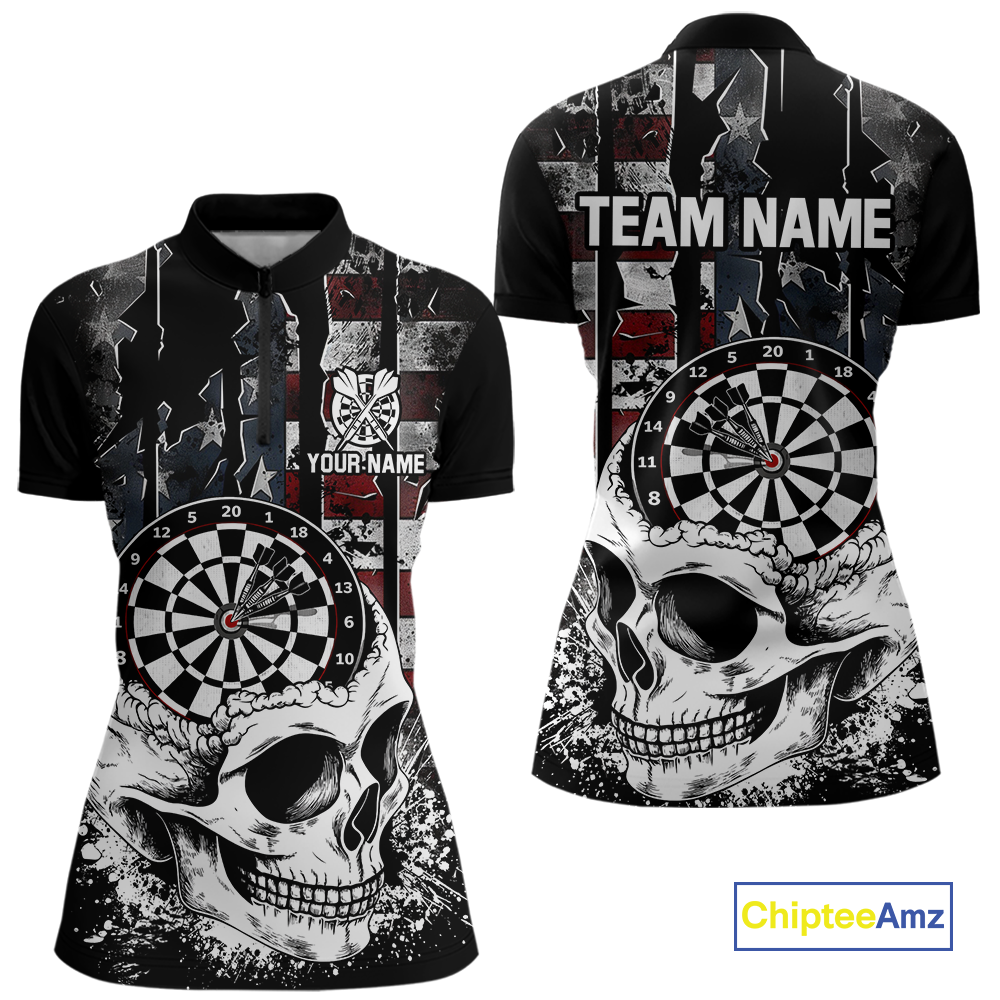 Custom American Flag Skull Dart Shirt Dart Team Jersey for Women Dartboard Shirts Dart League NNT176