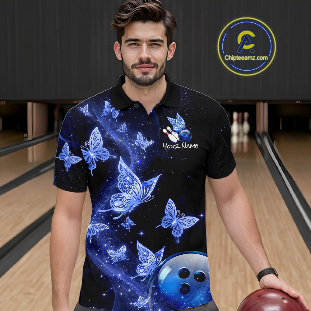 Custom Blue Galaxy Butterflies Bowling Shirt for Men Butterfly Bowling Team Jersey Bowling League HNT277