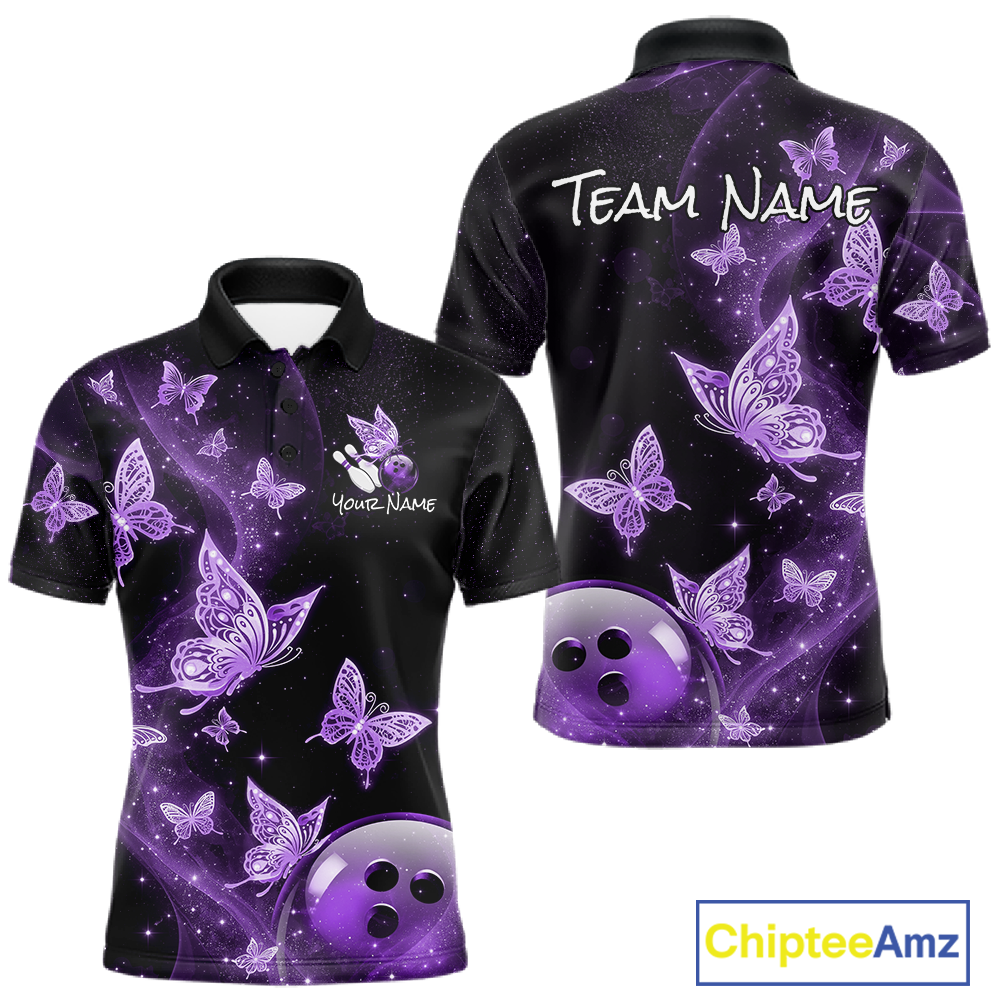 Custom Purple Galaxy Butterflies Bowling Shirt for Men Butterfly Bowling Team Jersey Bowling League HNT277