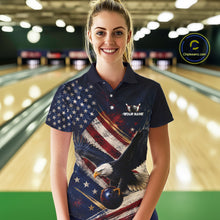 Load image into Gallery viewer, Women’s us flag eagle bowling polo shirt, front view on female model in bowling lane 