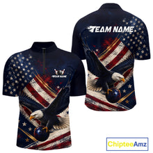 Load image into Gallery viewer, Custom us flag eagle bowling jersey for men, personalized team bowling quarter zip shirt front view and back view.