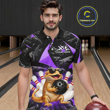 Load image into Gallery viewer, Men’s purple bearded dragon bowling polo shirt, front view on male model in bowling lane 