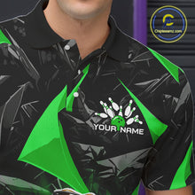 Load image into Gallery viewer, Men’s green bearded dragon bowling polo shirt with custom name, angled front view showing custom team design 