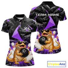 Load image into Gallery viewer, Custom purple bearded dragon bowling jersey for women, personalized team bowling polo shirt front view and back view