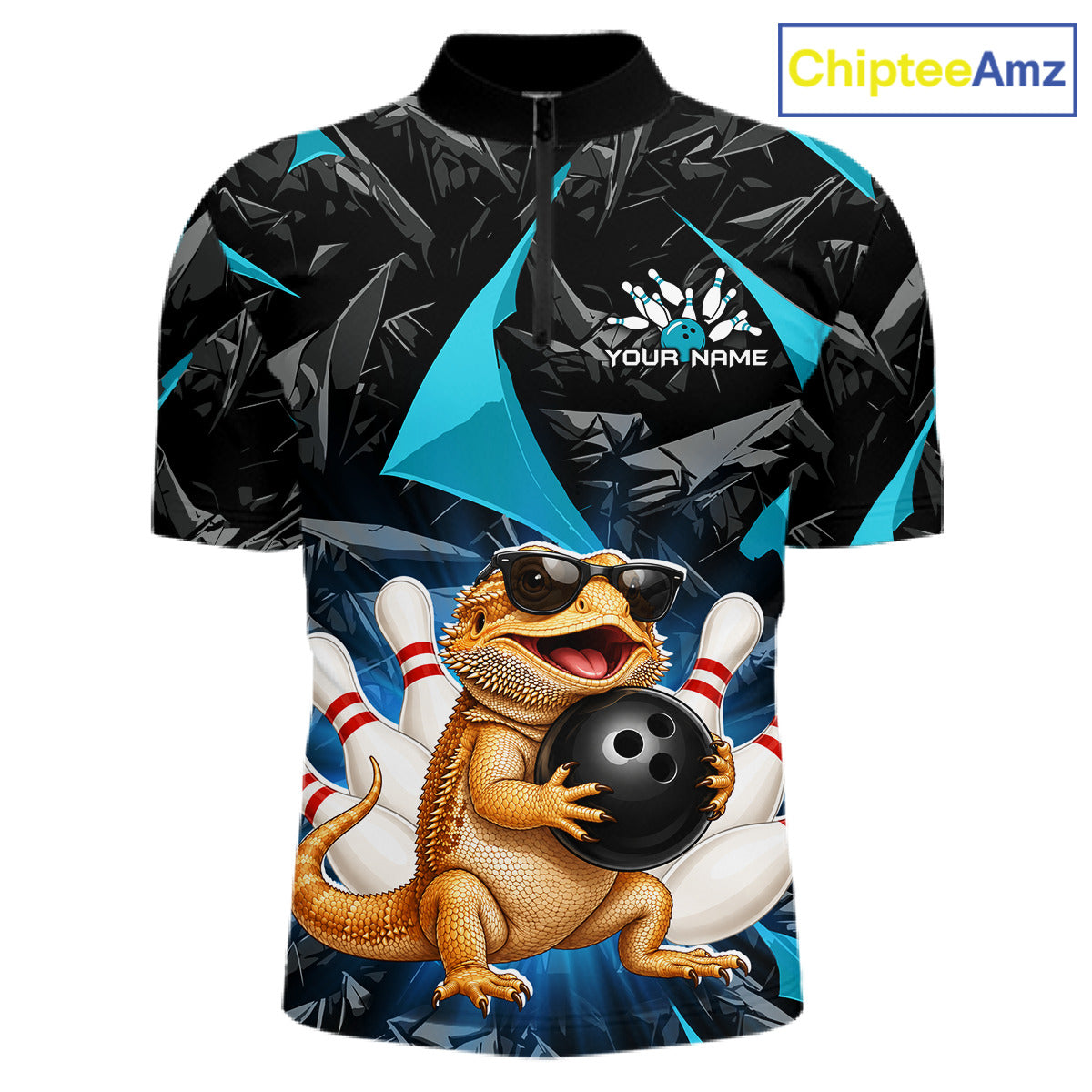 Custom turquoise bearded dragon bowling jersey for men, personalized team bowling polo shirt front view and back view
