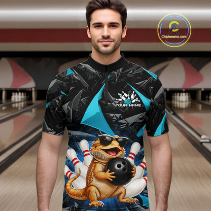 Men’s turquoise bearded dragon bowling quarter zip shirt, front view on male model in bowling lane 
