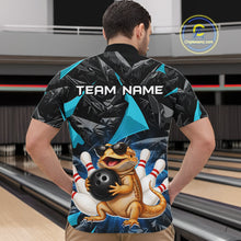 Load image into Gallery viewer, Men’s turquoise bearded dragon bowling quarter zip shirt, back view on male model in bowling lane 