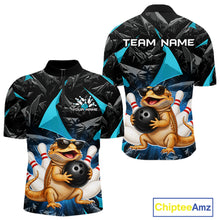 Load image into Gallery viewer, Custom turquoise bearded dragon bowling jersey for men, personalized team bowling quarter zip shirt front view and back view