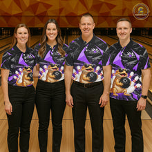 Load image into Gallery viewer, Group of bowlers in purple bearded dragon team shirts, personalized bowling uniforms front view.