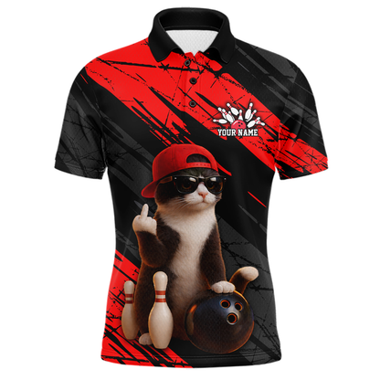 Custom Funny Cat Red Bowling Jersey for Men Bowling Polo & 1/4 Zip Bowling Team Shirts HNT198