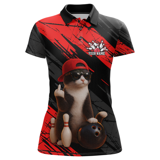 Custom Funny Cat Red Bowling Jersey for Women Bowling Polo & 1/4 Zip Bowling Team Shirts HNT198