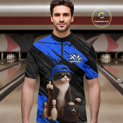 Custom Funny Cat Blue Bowling Jersey for Men Bowling Polo & 1/4 Zip Bowling Team Shirts HNT198