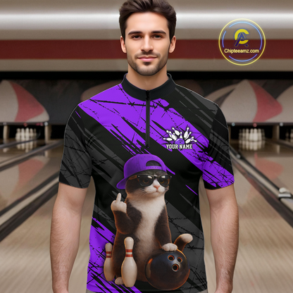 Custom Funny Cat Purple Bowling Jersey for Men Bowling Polo & 1/4 Zip Bowling Team Shirts HNT198