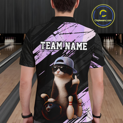 Custom Funny Cat Holographic Bowling Jersey for Men Bowling Polo & 1/4 Zip Bowling Team Shirts HNT198