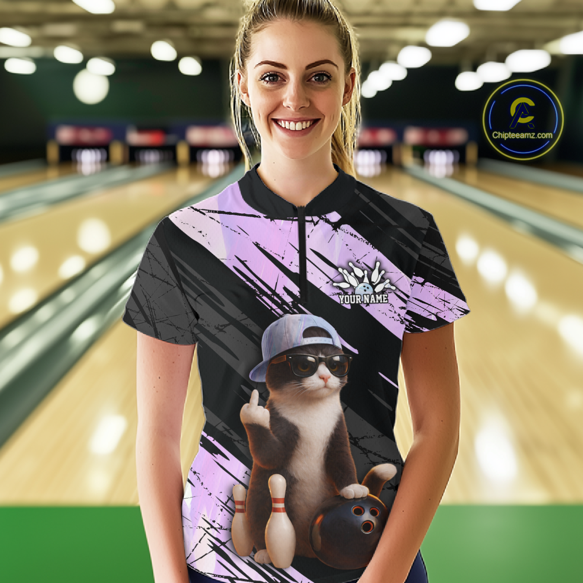 Custom Funny Cat Holographic Bowling Jersey for Women Bowling Polo & 1/4 Zip Bowling Team Shirts HNT198