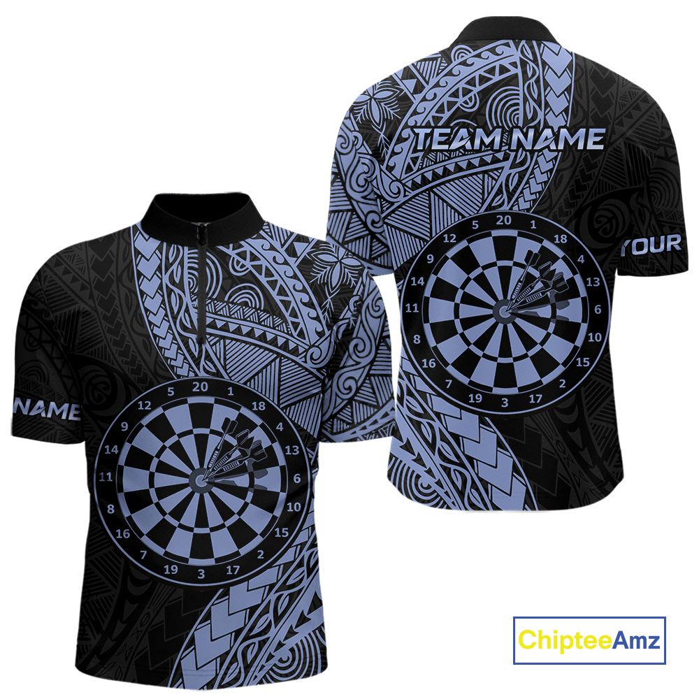 Custom Blue Tribal Dart Shirts for Men Dart Team Jersey Dartboard Gifts Polo & 1/4 Zip NNT163
