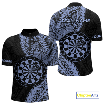 Custom Blue Tribal Dart Shirts for Men Dart Team Jersey Dartboard Gifts Polo & 1/4 Zip NNT163