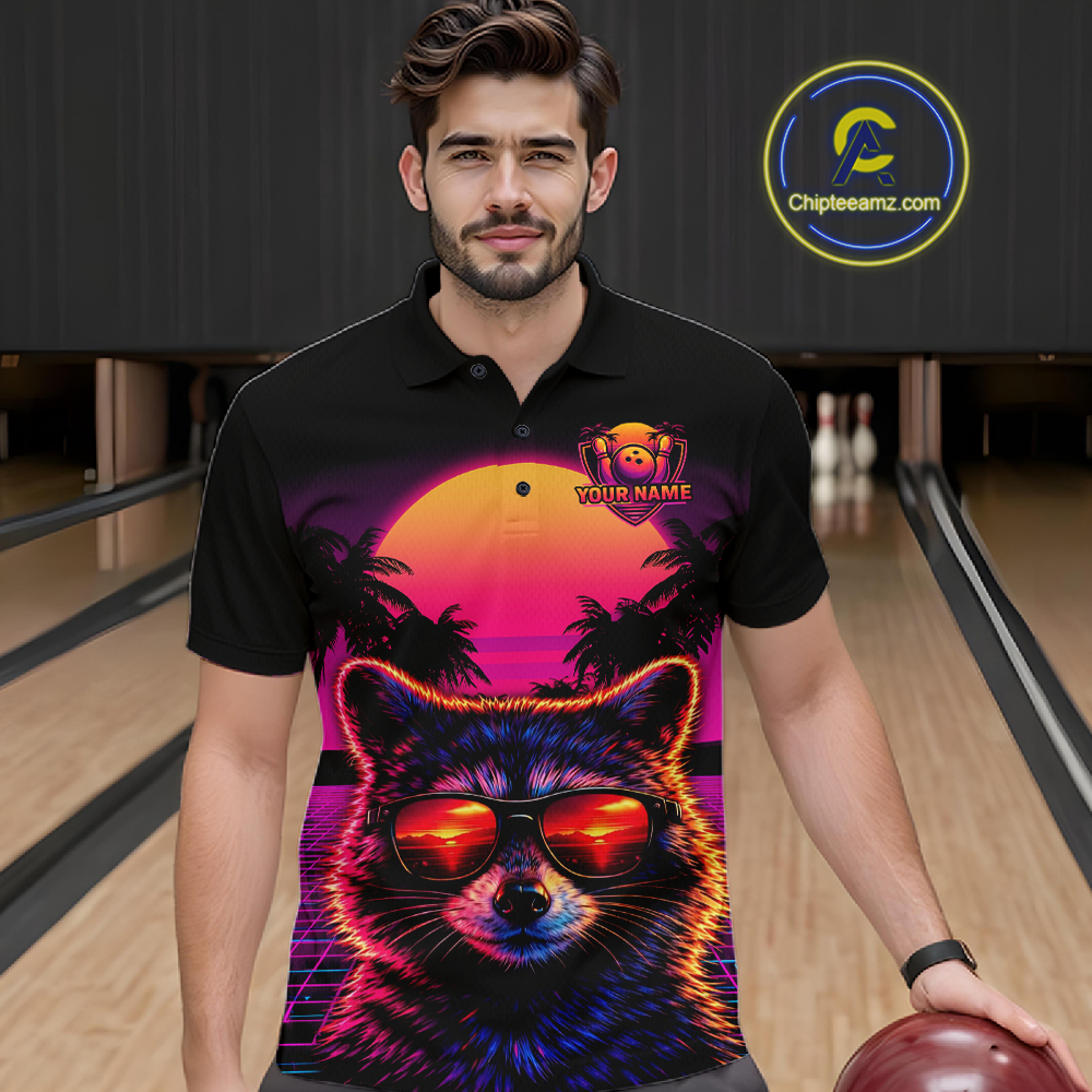Custom Funny Raccoon Retro Sunset Bowling Jersey for Men Bowling Uniform Bowling Team Shirts HNT280