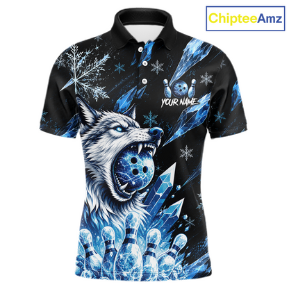 Black polo shirt with a wolf and bowling ball design, featuring the brand 'ChipteeAmz'.
