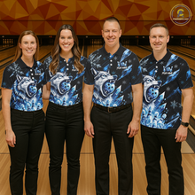 Load image into Gallery viewer, Four people wearing matching blue and black shirts with wolf designs on a bowling alley.