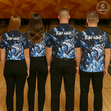 Load image into Gallery viewer, Four people wearing matching shirts with wolf designs and 'Team Name' text on a bowling alley background.