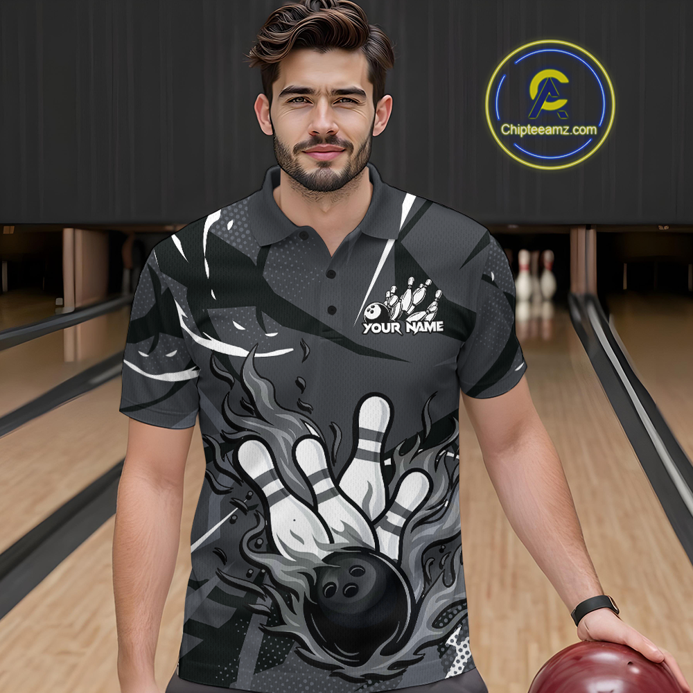 Custom Flame Bowling Jersey for Men Polo & 1/4 Zip Bowling Team Shirts Bowling League HNT151