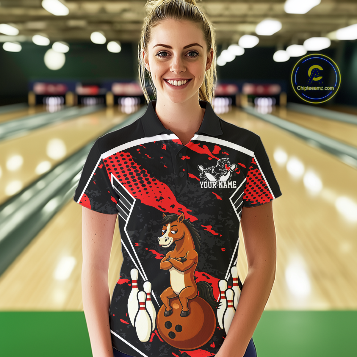 Custom Red Funny Horse Bowling Tournament Jersey for Women Bowling Team Shirts Polo & 1/4 Zip HNT180