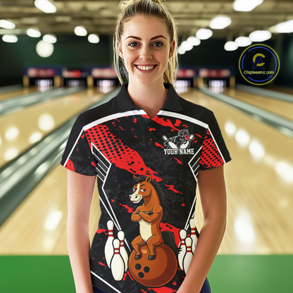 Custom Red Funny Horse Bowling Tournament Jersey for Women Bowling Team Shirts Polo & 1/4 Zip HNT180