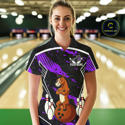 Custom Purple Funny Horse Bowling Tournament Jersey for Women Bowling Team Shirts Polo & 1/4 Zip HNT180