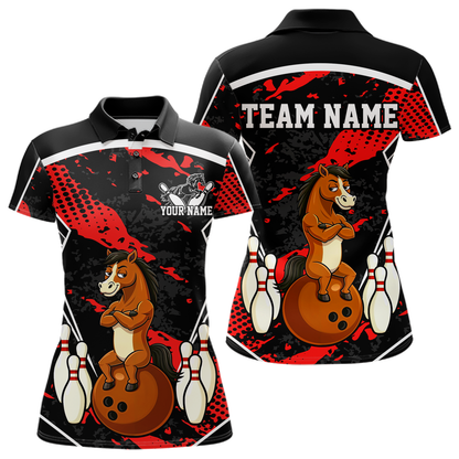 Custom Red Funny Horse Bowling Tournament Jersey for Women Bowling Team Shirts Polo & 1/4 Zip HNT180