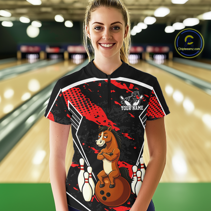 Custom Red Funny Horse Bowling Tournament Jersey for Women Bowling Team Shirts Polo & 1/4 Zip HNT180