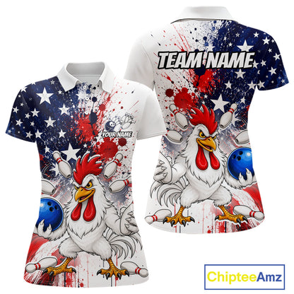 Custom us flag chicken bowling jersey for women, personalized team bowling polo shirt front view and back view