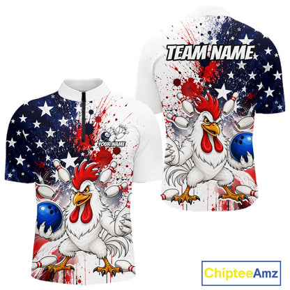 Custom us flag chicken bowling jersey for men, personalized team bowling quarter zip shirt front view and back view 