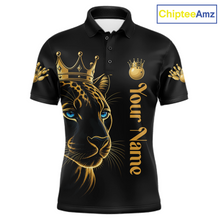 Load image into Gallery viewer, Black polo shirt with gold panther design and 'Your Name' text, brand 'ChipteeAmz' visible.