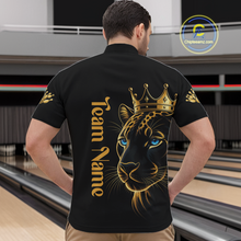 Load image into Gallery viewer, Man wearing a black t-shirt with a gold leopard design and 'Team Name' text at a bowling alley.