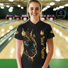 Load image into Gallery viewer, Woman wearing a black shirt with a gold panther design and 'Your Name' text in a bowling alley.