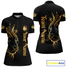 Load image into Gallery viewer, Black polo shirt with gold leopard design and customizable text on a white background