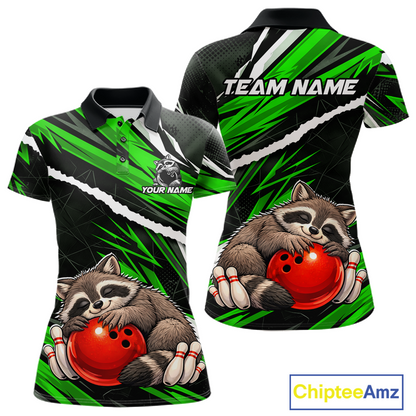 Custom Green Raccoon Funny Bowling Jersey for Women Bowling Team Shirts Polo & 1/4 Zip HNT247