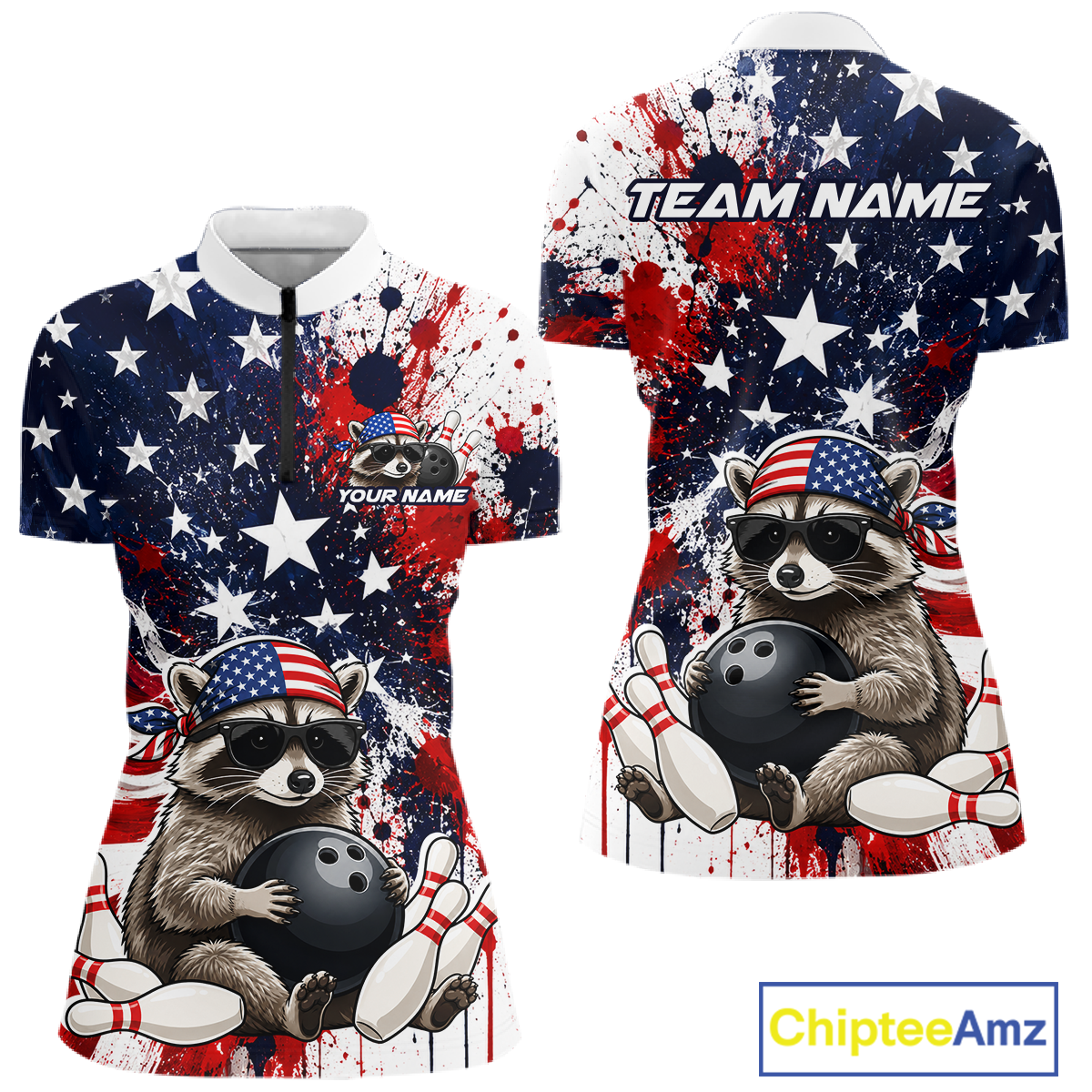 Custom us flag raccoon bowling jersey for women, personalized team bowling quarter zip shirt front view and back view